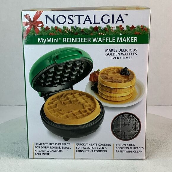 New! Nostalgia My Mini Reindeer Waffle Maker Compact Size 5" Non-stick Surface - Picture 2 of 7